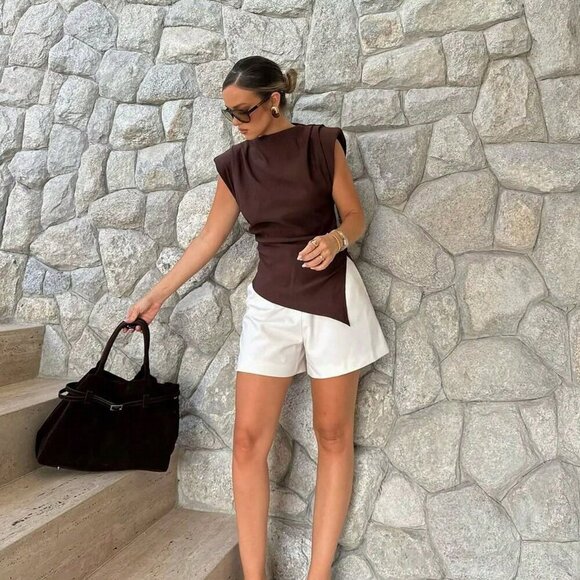 Chocolate Brown Elegant Womens Padded Shoulder Ruffle Asymmetric Zipper TOPO - Picture 4 of 10